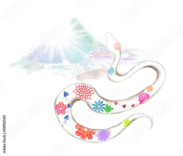 Obraz 花柄の蛇と富士山　手描き