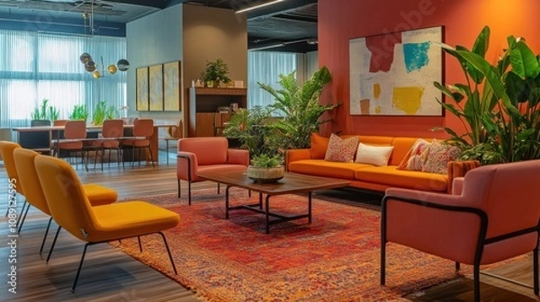 Fototapeta Modern Interior Design With Orange and Pink Sofas