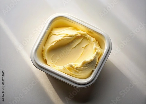 Fototapeta Captivating Low Light Photography of an Opened Butter Tub on a White Background with Soft Shadows and Delicate Highlights, Perfect for Culinary and Food Styling Projects