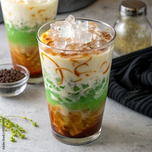 Obraz Es cendol with coconut milk, palm sugar syrup, and ice cubes