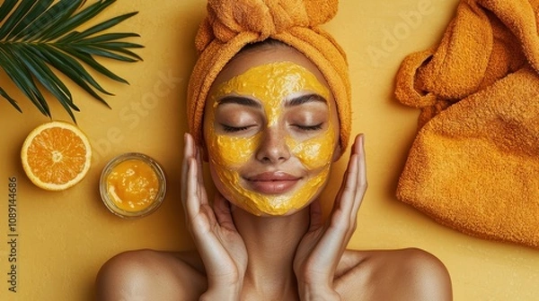 Obraz Young Woman Enjoying a Relaxing Facial Treatment with Bright Orange Mask, Surrounded by Fresh Ingredients and Lush Tropical Elements for Beauty and Wellness