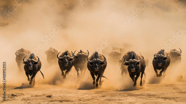 Obraz A herd of buffalo running in the desert, with dust clouds swirling around them