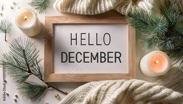 Fototapeta Festive holiday decor with Hello December framed text and Scandinavian elements. Generative AI