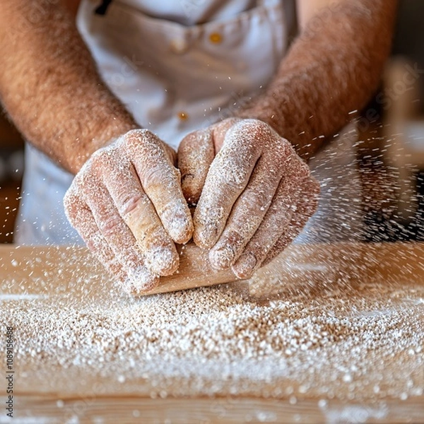 Fototapeta A baker kneads dough on a wooden surface, scattering flour, showcasing the art of baking and the textures of ingredients in a cozy kitchen setting.