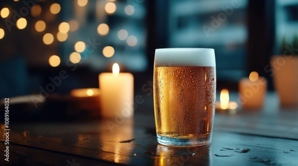 Fototapeta Glass of Cold Beer with Bubbles and Foam on Wooden Table Surrounded by Blurred Candlelight and Cozy Atmosphere in a Dimly Lit Bar or Restaurant