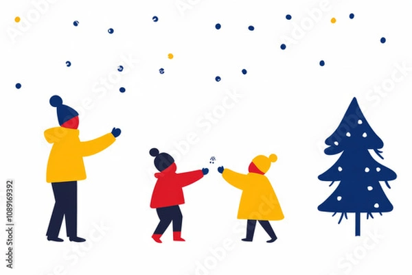 Fototapeta A family of three children and a man are playing in the snow