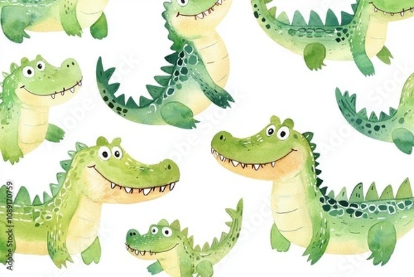 Fototapeta A whimsical pattern featuring cartoon alligators in vibrant greens, ideal for children's decor and playful designs.