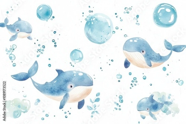Fototapeta Whimsical watercolor illustration of cheerful whales swimming amidst bubbles in a serene underwater setting.
