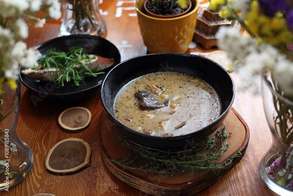 Fototapeta Zalewajka, zurek, sour rye soup, traditional country Polish soup with potatoes, homemade sourdough, bay boletes, thyme.