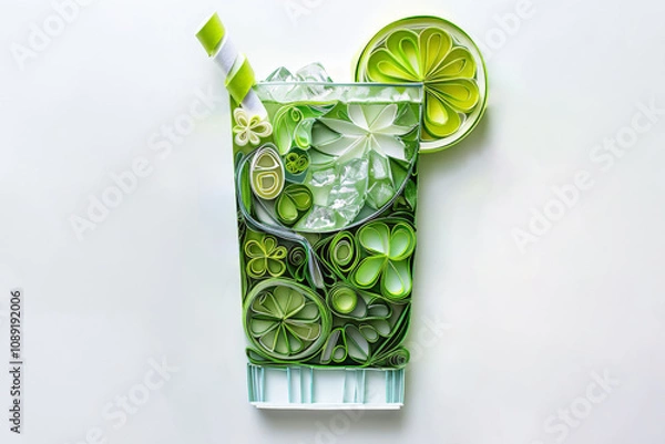 Obraz Mojito cocktail crafted from paper quilling art, displayed against a clean white backdrop. space for text