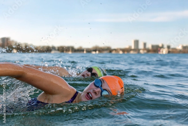 Fototapeta Group of athletes competing in an open water swimming race with city skyline in the background.