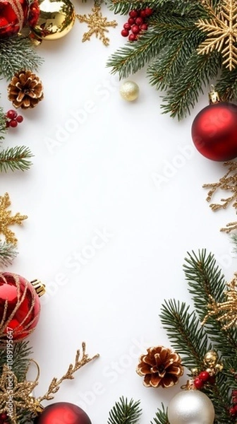 Fototapeta Festive Christmas border with evergreen branches, shiny ornaments, and golden snowflakes framing white space for holiday message or design.