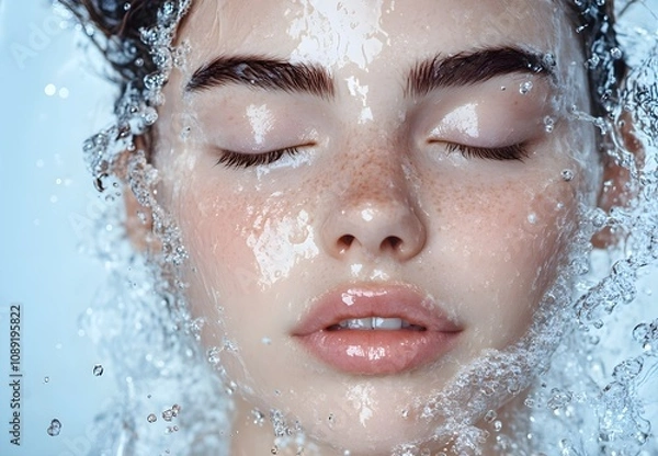 Fototapeta A moment captured, a woman's face, bathed in water, lost in a private reverie.