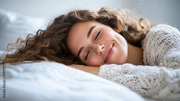 Fototapeta Serene beauty rests peacefully, her curly locks cascading on white sheets. Soft light illuminates her radiant skin, creating a tranquil and intimate portrait of blissful slumber.