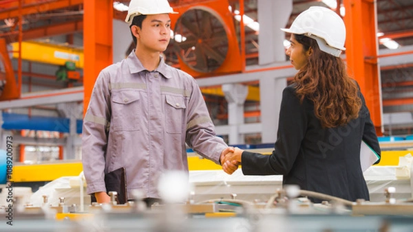 Fototapeta A female expertise engineering manager and Mechanic are shaking hand to success the deal or complete an agreement to the quality of metal product quality of industry or factory, Business successful.