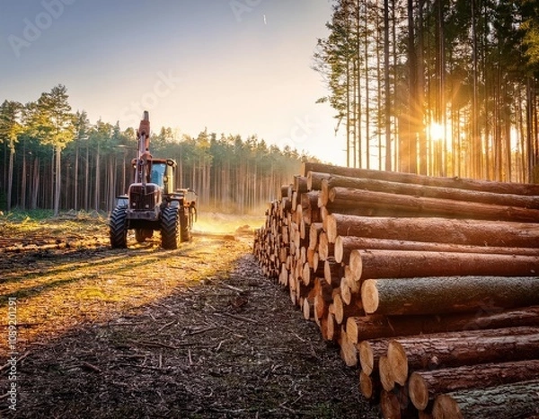 Fototapeta Stacked logs in a forest with machinery in the background. Generated with AI