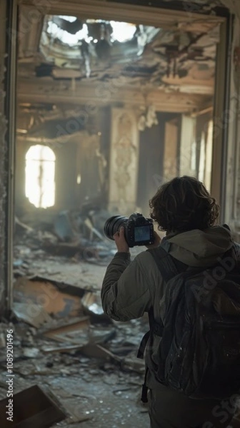 Fototapeta A photographer captures an abandoned interior filled with debris and decay.
