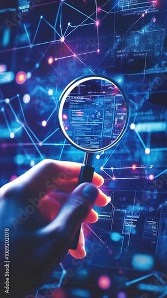 Fototapeta a Businessman Using a Virtual Search Bar with a Magnifying Glass Icon, Representing SEO Search Engine Optimization Concepts, Highlighting the Interface of SEO and Information Retrieval on the Internet