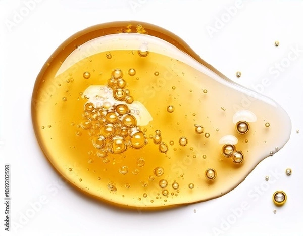 Fototapeta golden honey or clear yellow gel serum smear with bubbles isolated on white background top view