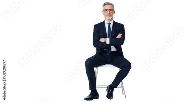 Fototapeta A man in a suit sitting confidently on a chair with arms crossed. Transparent background.