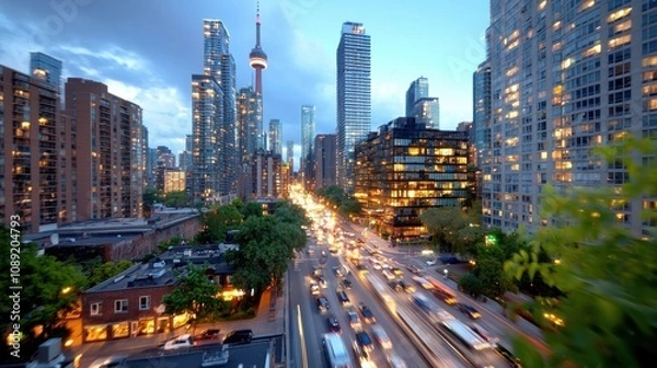 Fototapeta Captivating night cityscape featuring a panoramic view of a bustling metropolitan area with towering skyscrapers vibrant lights and blurred traffic on the roads creating a dynamic and atmosphere