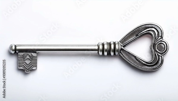 Fototapeta simple silver key with a detailed bow and bit isolated on a white background