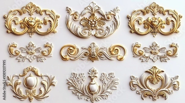 Fototapeta Exquisite Retro Lace and Gilded Decorative Elements: Elegant Swirls and Ornaments in Symmetrical Vector Design for High-Resolution Professional Photos