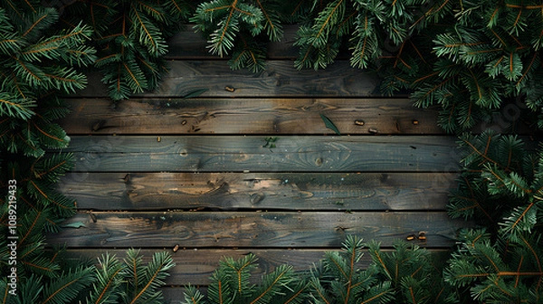 Fototapeta Rustic wooden background with pine branches and garland, great for mock-ups.