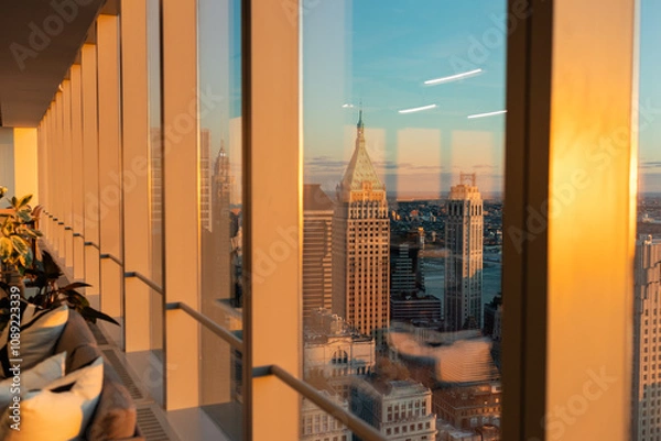 Fototapeta view of downtown manhattan from conference room of skyscraper at golden hour