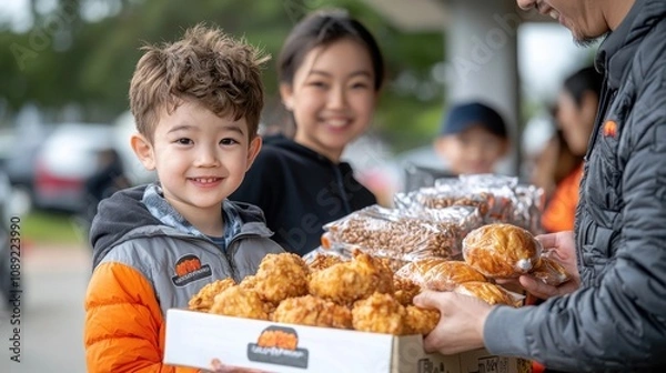 Fototapeta A delighted family enjoying a casual outdoor picnic together in the park surrounded by nature and indulging in freshly baked donuts and other tempting pastries