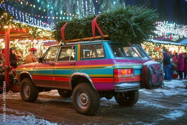 Obraz Colorful SUV With Christmas Tree Tied on Roof at Festive Tree Lot, Surrounded by Families and Twinkling Lights