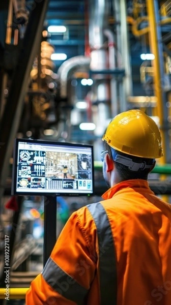 Fototapeta photograph of Engineer looks at a monitor showing industrial automation in an oil and gas plant.