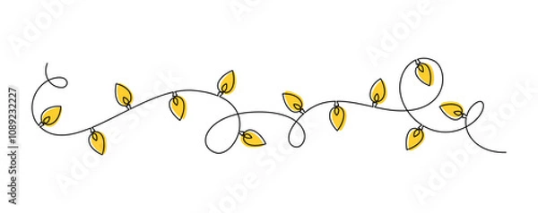 Obraz Hand drawn continuous one line icon Christmas garland with light bulbs. Glowing festoon border light single line vector illustration in doodle style for celebration, festival, carnival, xmas, new year