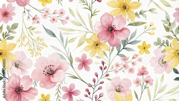 Obraz Whimsical watercolor floral pattern with playful florals in shades of pink and yellow on a soft white background, art, organic, colorful, design