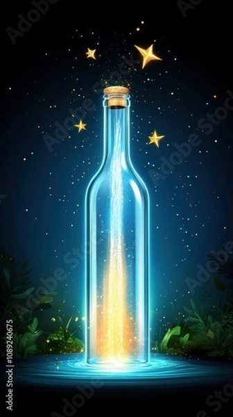 Fototapeta A waterfall cascading into a giant glass bottle, set in a mystical forest