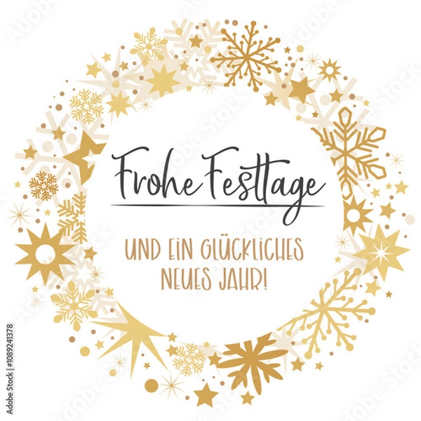 Fototapeta Frohe Festtage und ein glückliches neues Jahr - Weihnachtskarte mit Sternen-Kranz und deutschem Text
