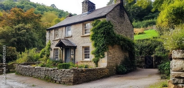 Fototapeta A charming stone cottage tucked away in a quiet valley, with ivy growing on the walls and a small garden out front.