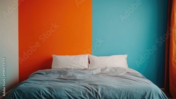 Fototapeta Minimalist bedroom design with a comfortable bed set against vibrant orange and blue walls, showcasing ample copy space for creative use.