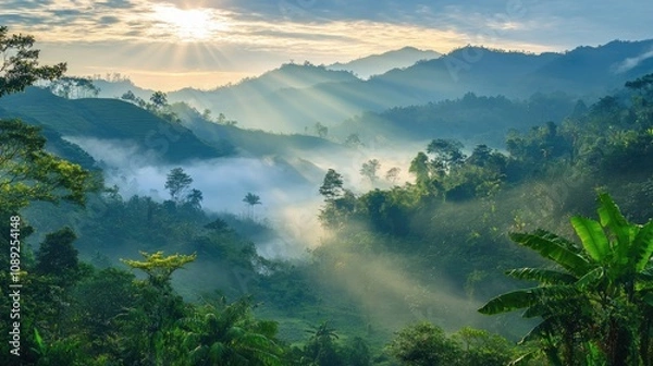 Fototapeta Serene morning landscape with sunlight streaming through mist over lush green hills and valleys, highlighting the tranquil beauty of nature.