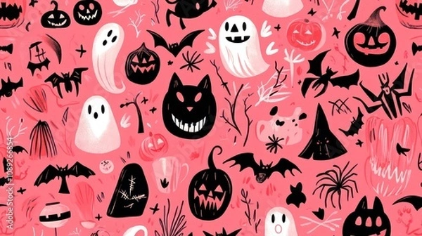 Fototapeta These pink halloween patterns feature ghosts, cats, bats, spiders, witch hats, jack-o'-lanterns, and more.