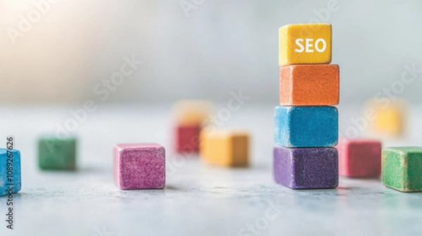 Fototapeta Colorful blocks stacked with one labeled "SEO," symbolizing digital marketing and search engine optimization concepts.