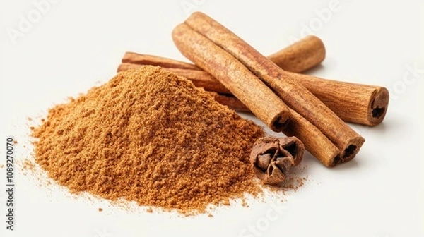Fototapeta Ground cinnamon powder in a mound beside whole cinnamon sticks, all isolated on a clean white background, viewed from a top angle.
