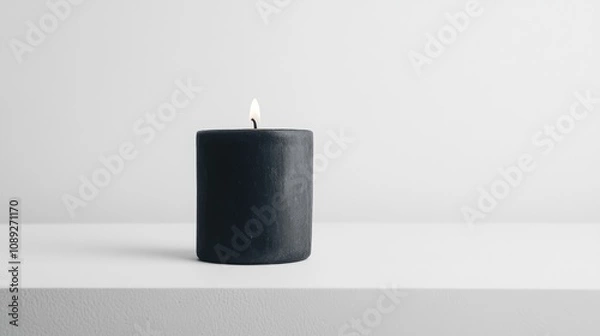 Fototapeta Black candle with a flickering flame on a clean white surface, creating a minimalist aesthetic against a subtle backdrop.