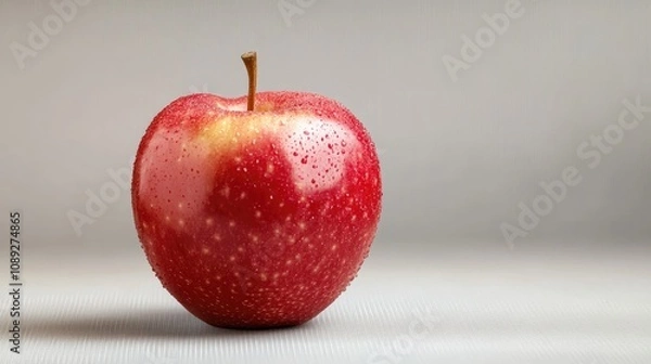 Fototapeta Vibrant fresh red apple with droplets of water, standing alone against a soft, neutral background, showcasing its juicy texture and glossy surface.