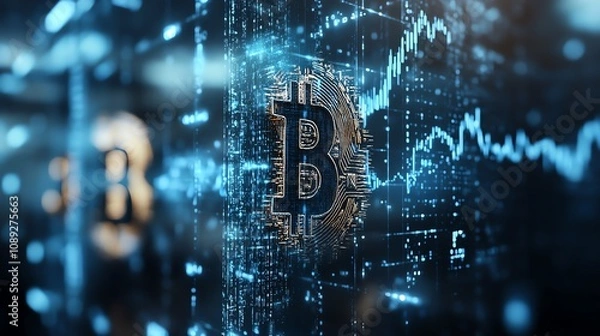 Fototapeta Futuristic digital representation of Bitcoin with glowing blue charts and blockchain technology concepts, showcasing finance and cryptocurrency market trends.
