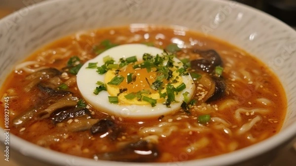 Fototapeta Hearty spicy noodle broth garnished with a soft-boiled egg, shiitake mushrooms, and fresh herbs in a textured bowl.