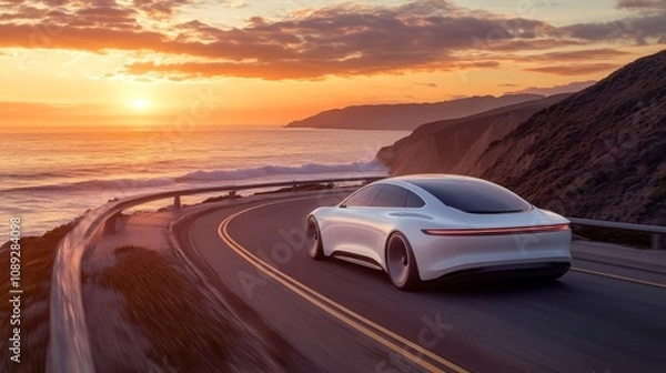 Fototapeta A modern electric vehicle glides along a scenic coastal road, showcasing its design against a vibrant sunset backdrop. The calming ocean waves crash nearby, enhancing the serene atmosphere.