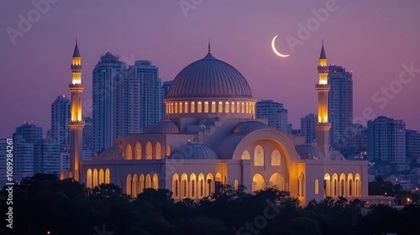 Fototapeta Illuminated mosque at twilight with crescent moon. (1)