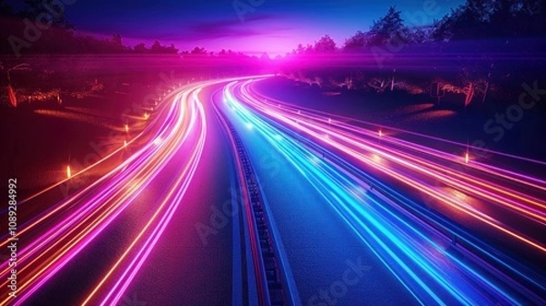 Obraz Vibrant light trails on a winding road at night.