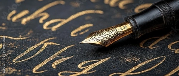Fototapeta Calligraphy sheets with lettering practice, accented by classic blacks and elegant golds, symbolizing precision and artistic grace